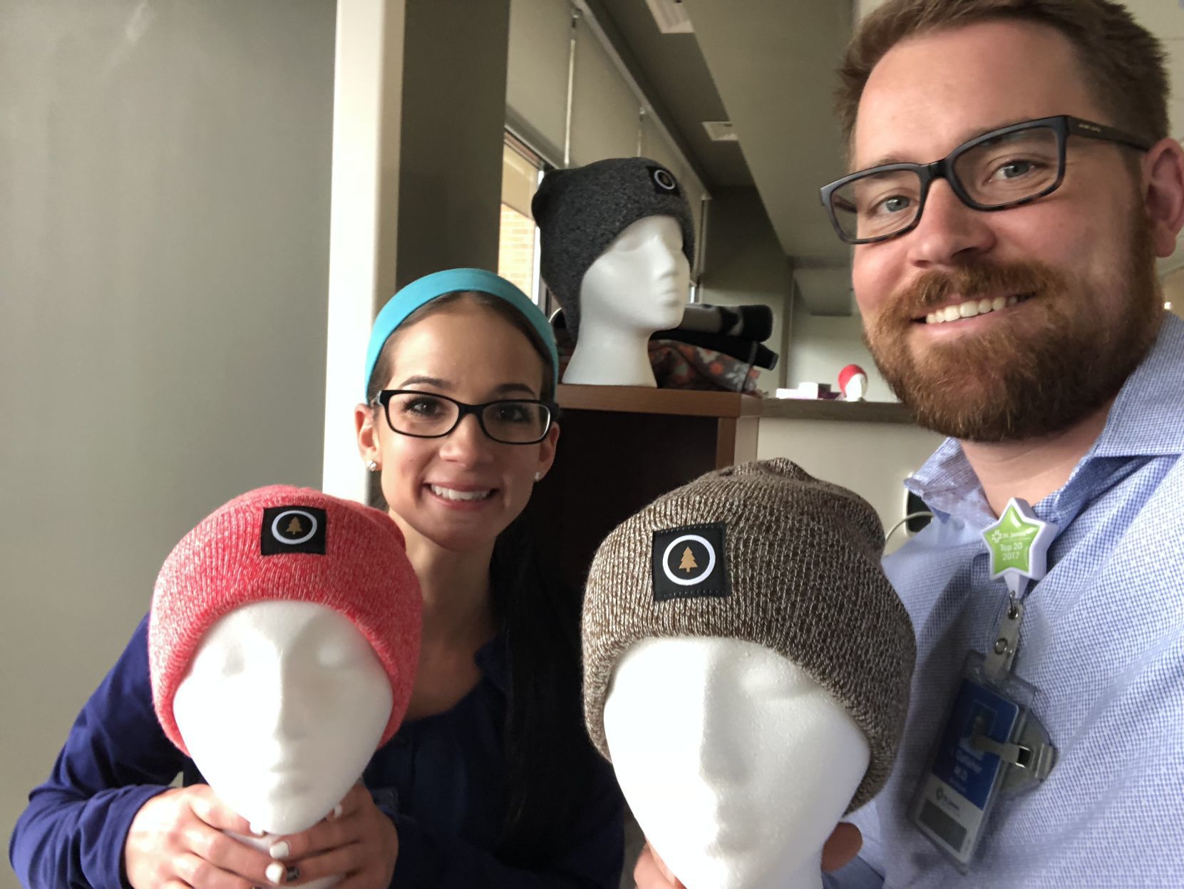 Selfie with beanies donated to St. James Healthcare Cancer Center